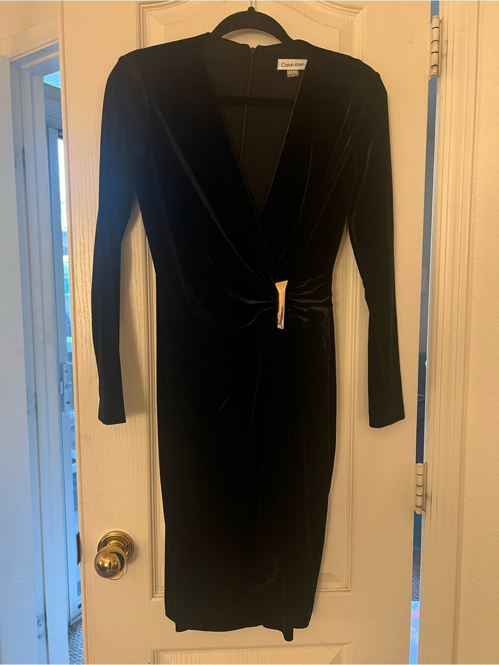 Calvin Klein Black Velvet Long-Sleeve Wrap Dress with Gold Accent